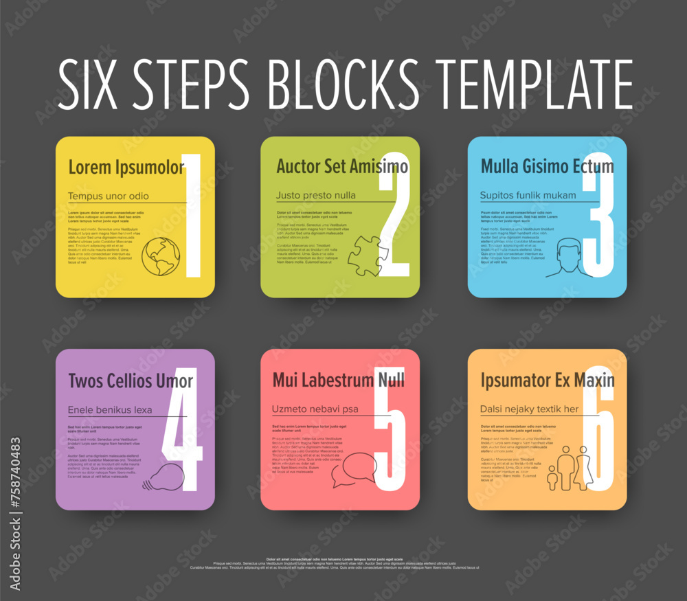 Poster six patel color square steps progress template with buttons on dark background