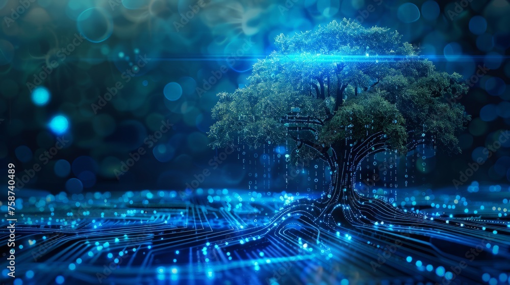 Poster digital tree on technology background represent growth of modern age digital media