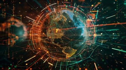 Obraz premium Digital data globe abstract illustration of a scientific technology data network surrounding planet earth conveying connectivity,
