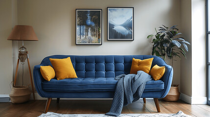 Modern Living Room with Blue Sofa and Decorative Pillows