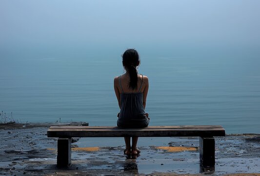 A depressed dishevelled little girl sitting on an empty bench overlooking the ocean, back view. The sea is calm and blue with no waves in sight. 