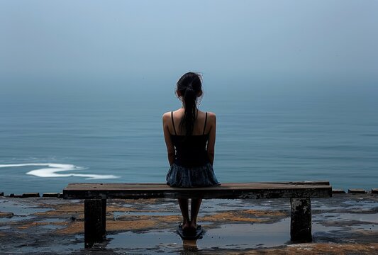 A depressed dishevelled little girl sitting on an empty bench overlooking the ocean, back view. The sea is calm and blue with no waves in sight.  - Powered by Adobe