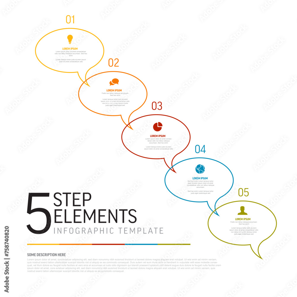 Poster five thin line simple colorful steps in speech bubbles diagonal process infographic template
