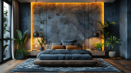 Modern Bedroom Interior with Industrial Wall Design and Houseplants