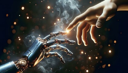 Two Worlds, One Touch. Human and Cyborg Hands Interaction - obrazy, fototapety, plakaty