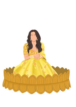 Illustration of a bride in a haldi dress sitting in a tub 