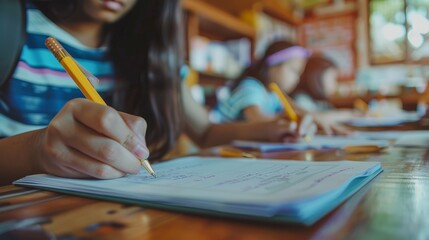 School student's taking exam writing answer in classroom for education test and literacy concept