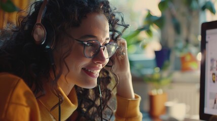 Side view head shot smiling mixed race lady freelancer wearing headset, communicating with client via video computer call.