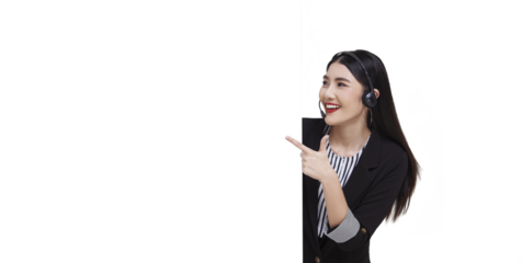 Happy young asian business woman call center pointing presentation blank announcement banner isolated on transparent png background.