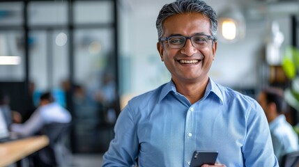 Smiling mature Latin or Indian businessman holding smartphone in office. - obrazy, fototapety, plakaty