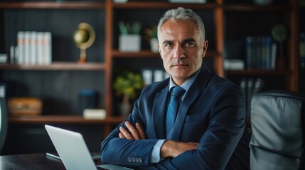 Fototapeta premium Successful mature executive financial director businessman wearing suit and looking at camera while sitting at office in front of laptop