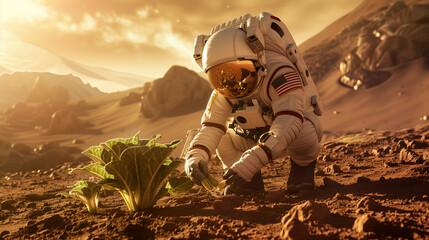 An astronaut wearing a spacesuit is planting vegetables on the surface of the planet Mars. Against...