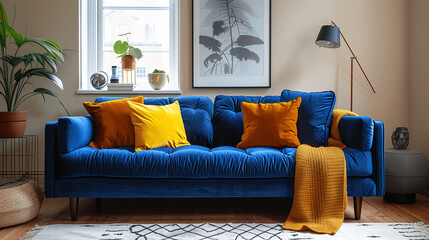 Modern Living Room Interior with Blue Velvet Sofa and Yellow Accents