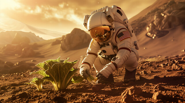 An astronaut wearing a spacesuit is planting vegetables on the surface of the planet Mars. Against the backdrop of a vast panorama of the red planet, Ai generated Images