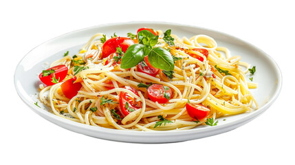 Primavera Spaghetti on a plate isolated on transparent png background. Generative ai 