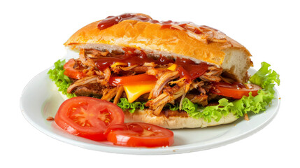 Pulled Pork Sandwich on a plate isolated on transparent png background. Generative ai 