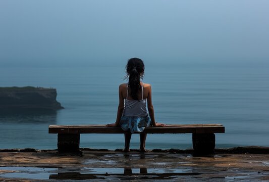 A depressed dishevelled little girl sitting on an empty bench overlooking the ocean, back view. The sea is calm and blue with no waves in sight. 