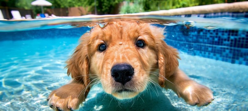 Humorous underwater shot  dog dives deep on summer vacation with close up underwater view