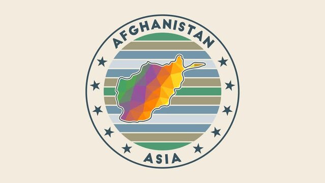 Afghanistan intro video. Badge with the circular name and map of the country in low poly tech geometric style. Amazing country round logo animation.