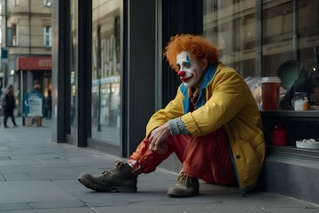 sad clown sitting on the street 