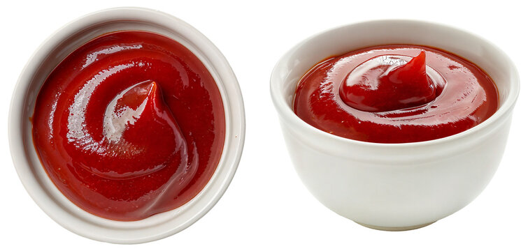 White bowl with red ketchup dip, side and top view, isolated on a transparent background, food bundle