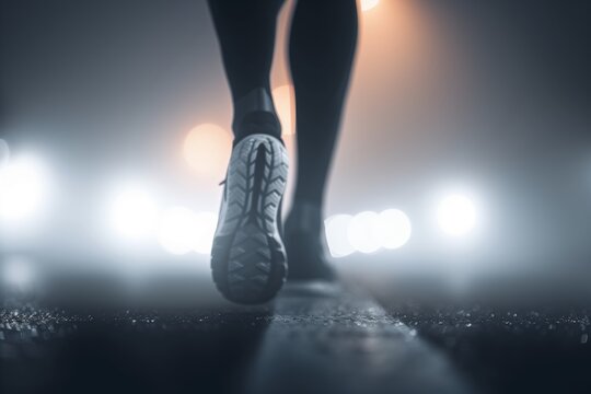 This atmospheric image captures a close-up view of a runner's feet as they take a step on an urban street, illuminated by the soft glow of streetlights in the background. The focus on the running shoe
