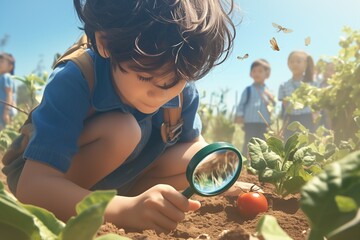 A child holds a magnifying glass to look at insects in a school garden during an environment learning lesson - obrazy, fototapety, plakaty