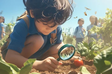 Fotobehang A child holds a magnifying glass to look at insects in a school garden during an environment learning lesson © kenkuza