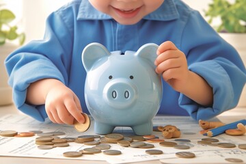 Child putting coins in piggy bank in future planning concept