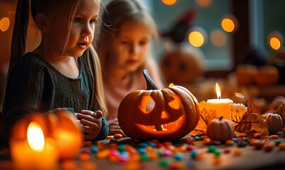 halloween activities for children, young girls, children celebrating hallowing, candies, candles, jack o lantern, pumpkins, autumn, halloween treats and sweets, children having, Generative AI 