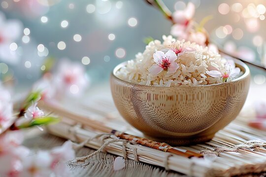 Rice in a bowl with sakura blossom on the background