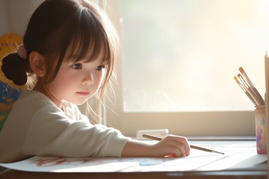 a girl thinking and having fun to draw and paint in the room