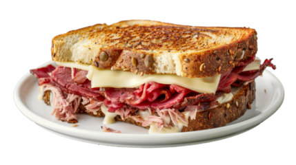 Reuben Sandwich on a plate isolated on transparent png background. Generative ai 