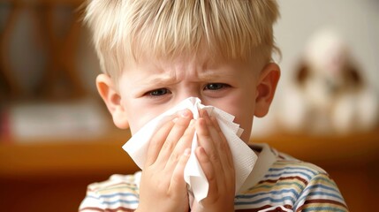 Close up of a sick young boy with a runny nose blowing into tissue for nasal congestion relief