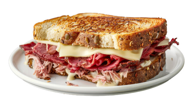 Reuben Sandwich on a plate isolated on transparent png background. Generative ai 