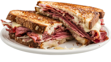 Reuben Sandwich on a plate isolated on transparent png background. Generative ai 