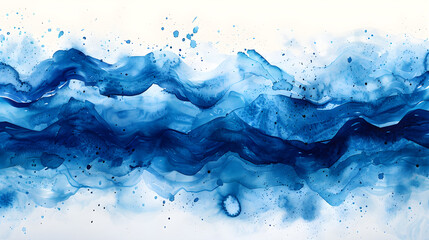 Watercolor hand-drawn illustration of a river background with blue waves and splashes of paint, creating an abstract and vibrant atmosphere. - obrazy, fototapety, plakaty