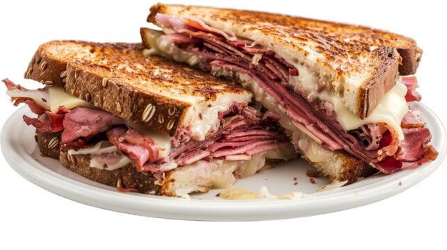 Reuben Sandwich on a plate isolated on transparent png background. Generative ai 