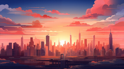 Illustration d'une jolie skyline avec coucher de soleil et ciel nuageux. Paysage vue sur une ville remplie de gratte-ciel, immeuble. Ville, urbain, horizon. Pour conception et création graphique. - obrazy, fototapety, plakaty