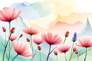 Pastel Watercolor flowers that are decorative. Illustration of flowers, Buds and leaves. Botanic arrangement for a wedding or greeting card. a flower branch - abstraction, romantic. ai generated