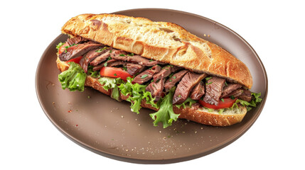 Roast Beef Sandwich on a plate isolated on transparent png background. Generative ai 