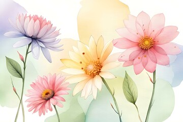 Pastel watercolor flowers, buds and leaves. ai generated