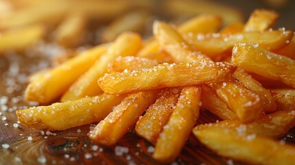 Close up of French fries or potato chips on wooden plate.