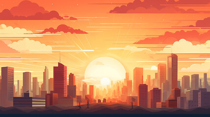 Illustration d'une jolie skyline avec coucher de soleil et ciel nuageux. Paysage vue sur une ville remplie de gratte-ciel, immeuble. Ville, urbain, horizon. Pour conception et création graphique.