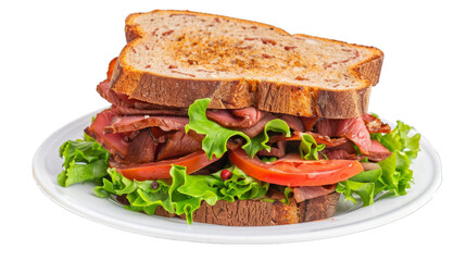 Roast Beef Sandwich on a plate isolated on transparent png background. Generative ai 