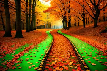 Autumn nature scenery with orange leaves on the path. ai generated - Powered by Adobe