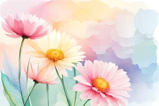 Pastel Watercolor flowers that are decorative. Illustration of flowers, Buds and leaves. Botanic arrangement for a wedding or greeting card. a flower branch - abstraction, romantic. ai generated