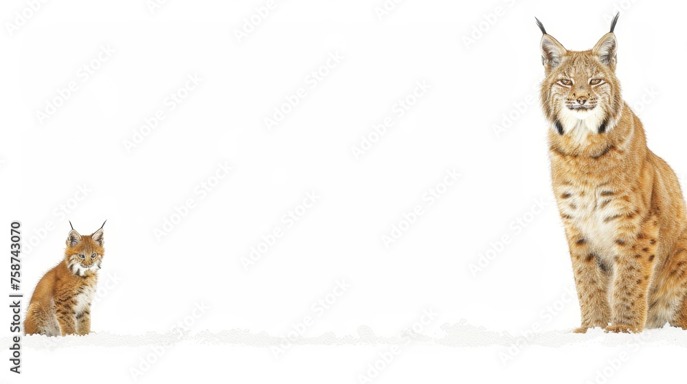 Poster male bobcat and kitten portrait with spacious area on the left for customizable text placement