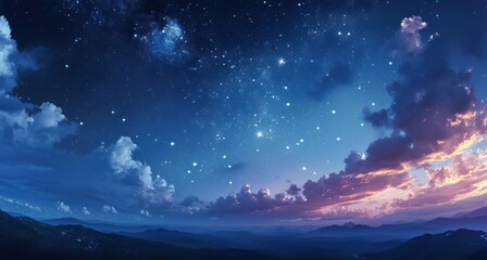 sky at night with stars, clouds, blue and purple gradient, space, galaxy, observing the stars,...