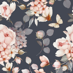 Seamless pattern with bouquets of flowers and butterflies. Spring roses in watercolor style